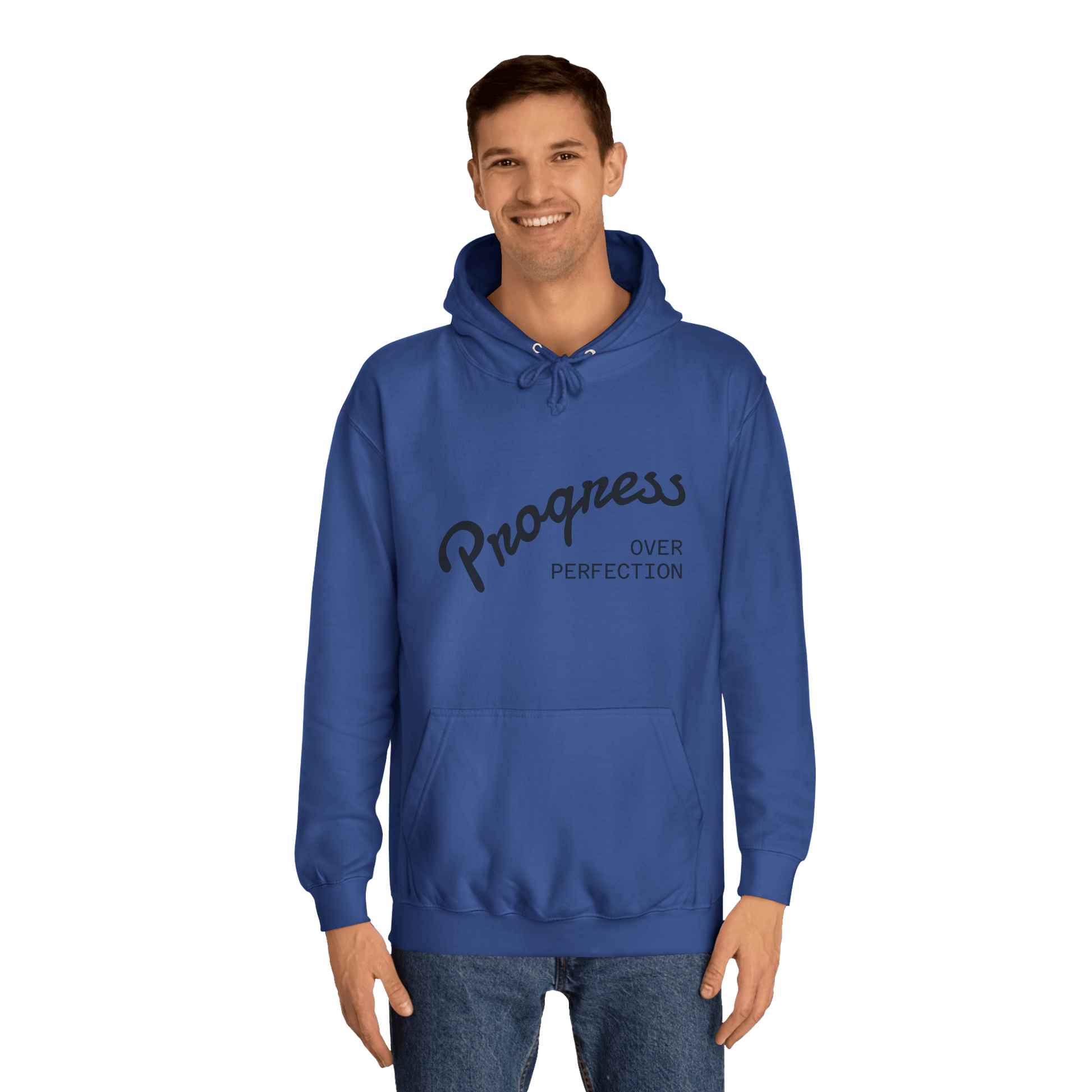 Custom College Hoodie – Add Your Photos, Text & Emojis Your Way worn by a man in blue with 'Progress Over Perfection' design.