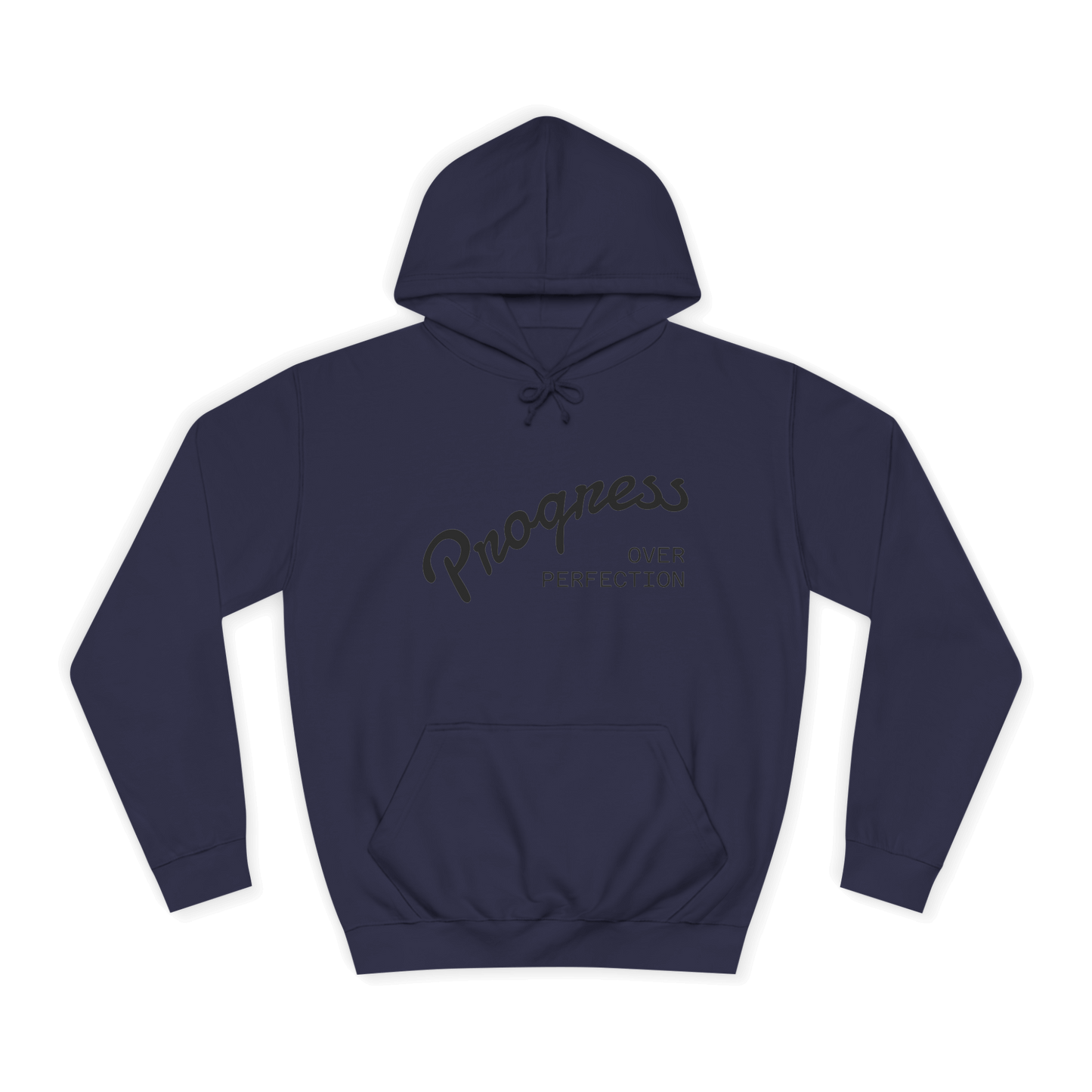 Custom College Hoodie – Add Your Photos, Text & Emojis Your Way featuring 'Progress Over Perfection' design.