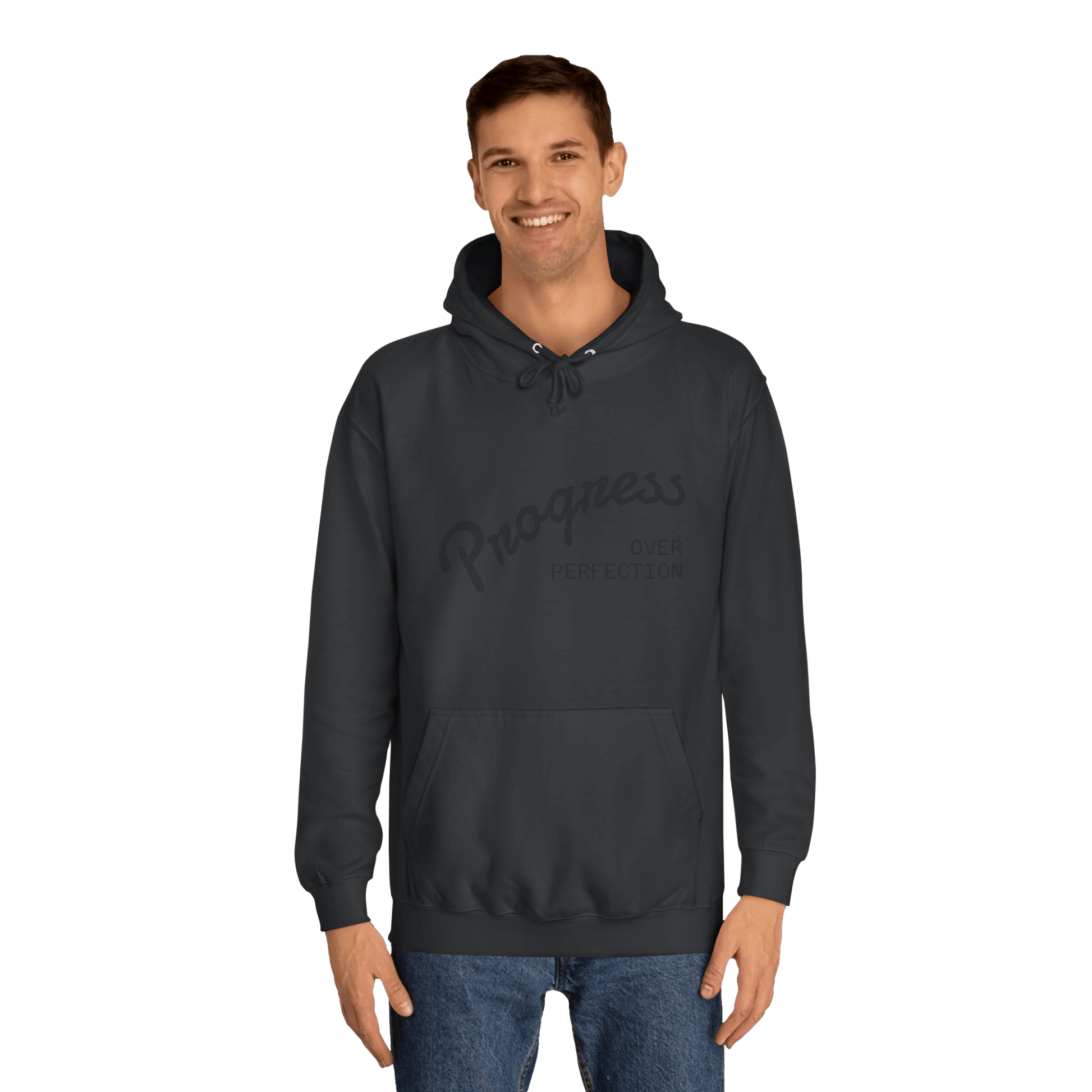 Custom College Hoodie – Add Your Photos, Text & Emojis Your Way in dark gray with the phrase 'Progress Over Perfection'.