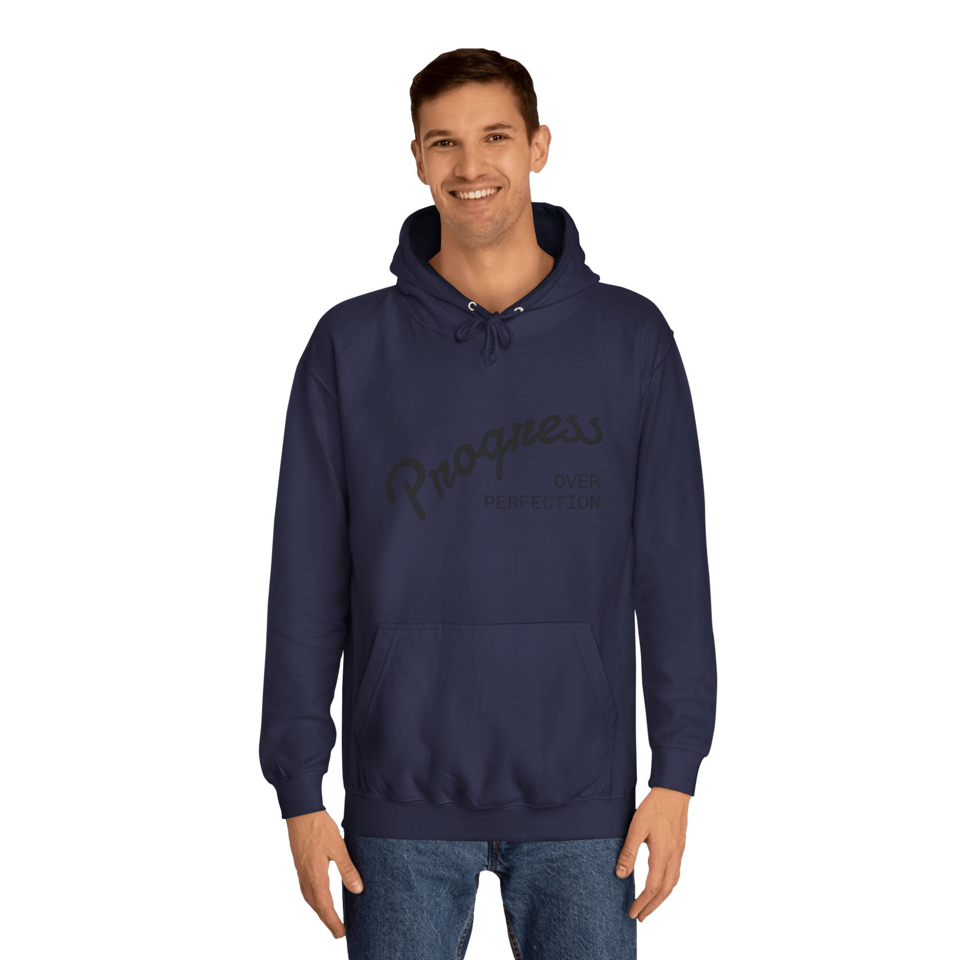 Custom College Hoodie – Add Your Photos, Text & Emojis Your Way worn by a smiling man in navy blue.