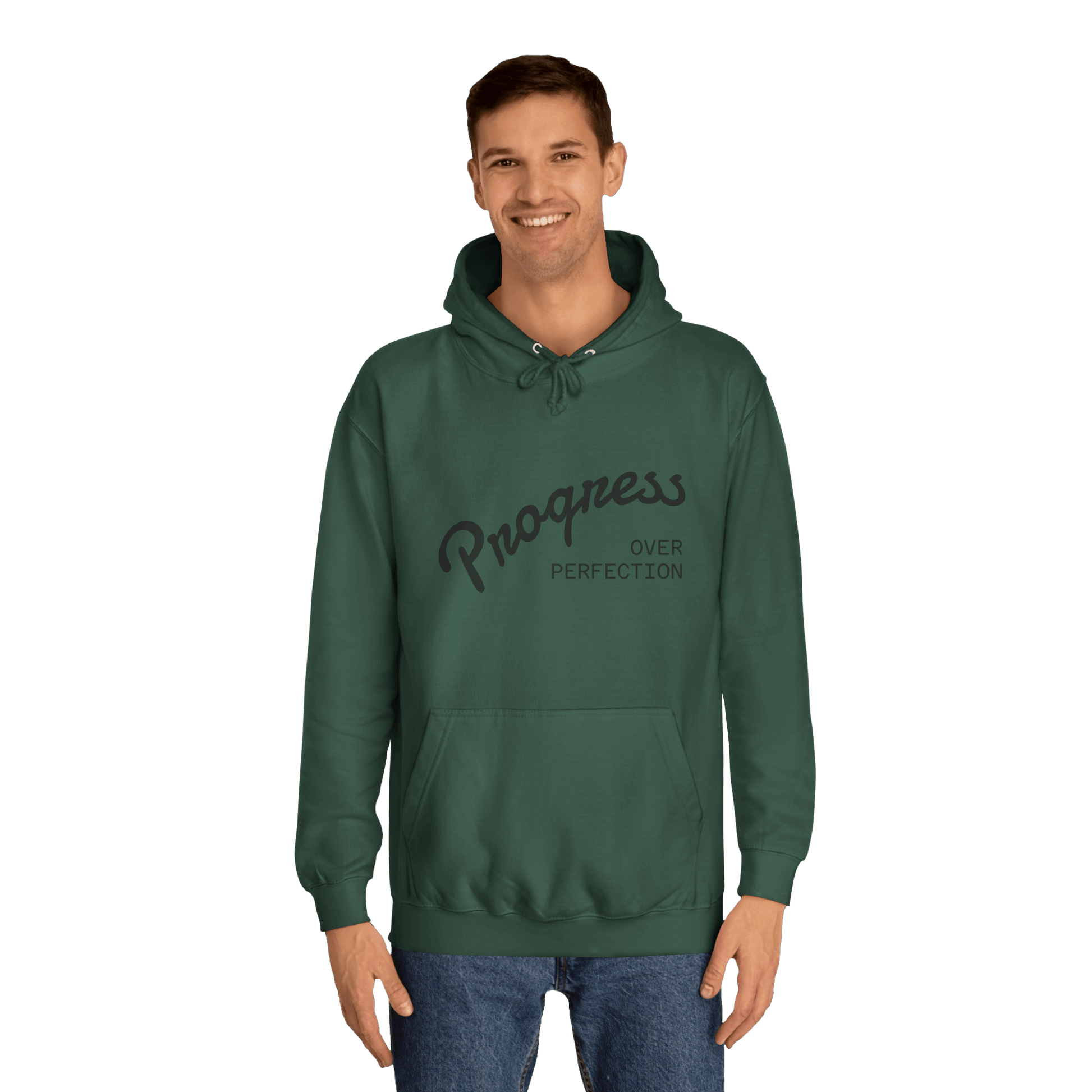 Custom College Hoodie – Add Your Photos, Text & Emojis Your Way on a model featuring a 'Progress over Perfection' design.