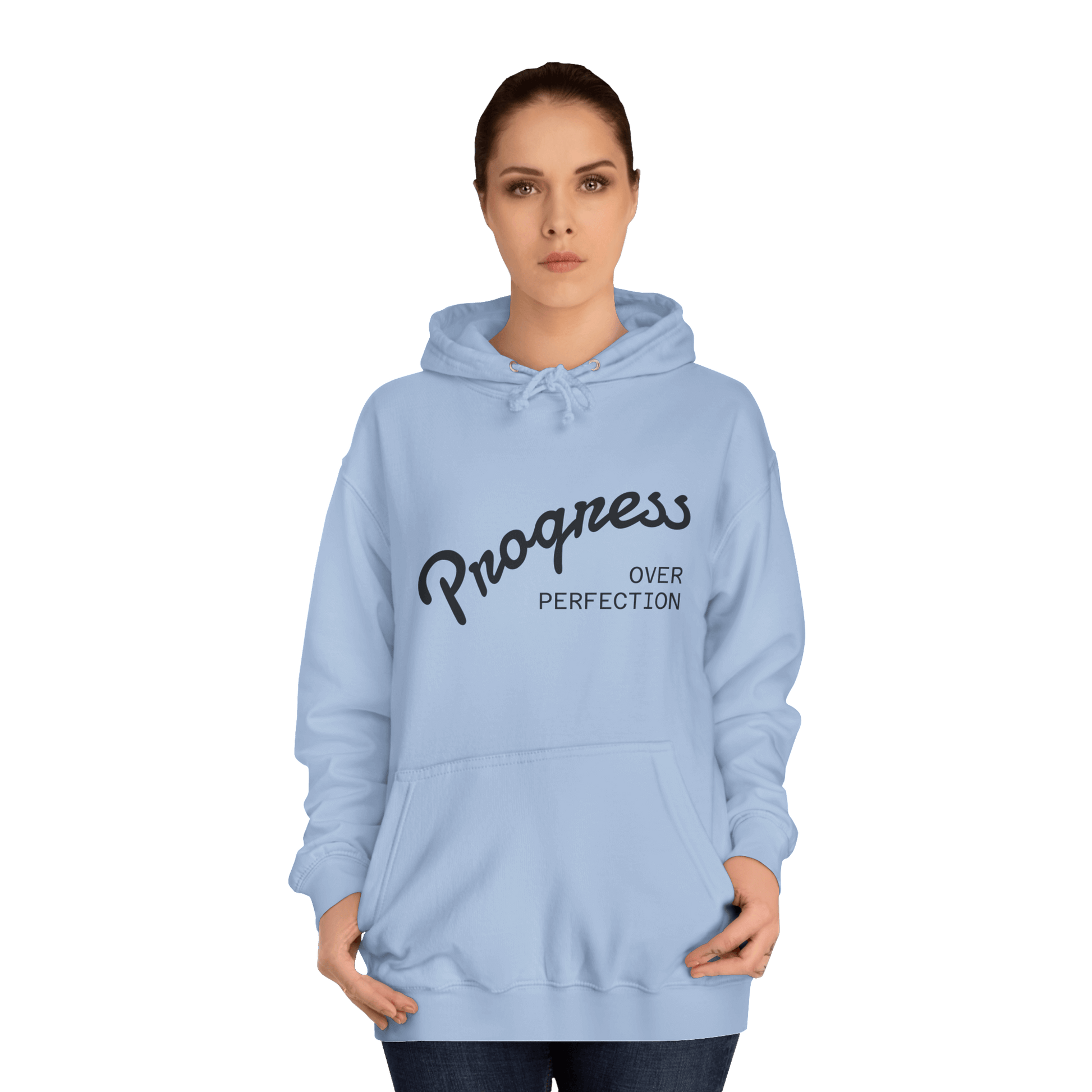 Custom College Hoodie – Add Your Photos, Text & Emojis Your Way in light blue with the phrase 'Progress Over Perfection'.