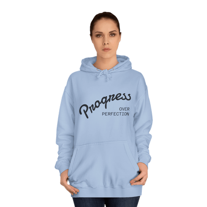 Custom College Hoodie – Add Your Photos, Text & Emojis Your Way in light blue with the phrase 'Progress Over Perfection'.