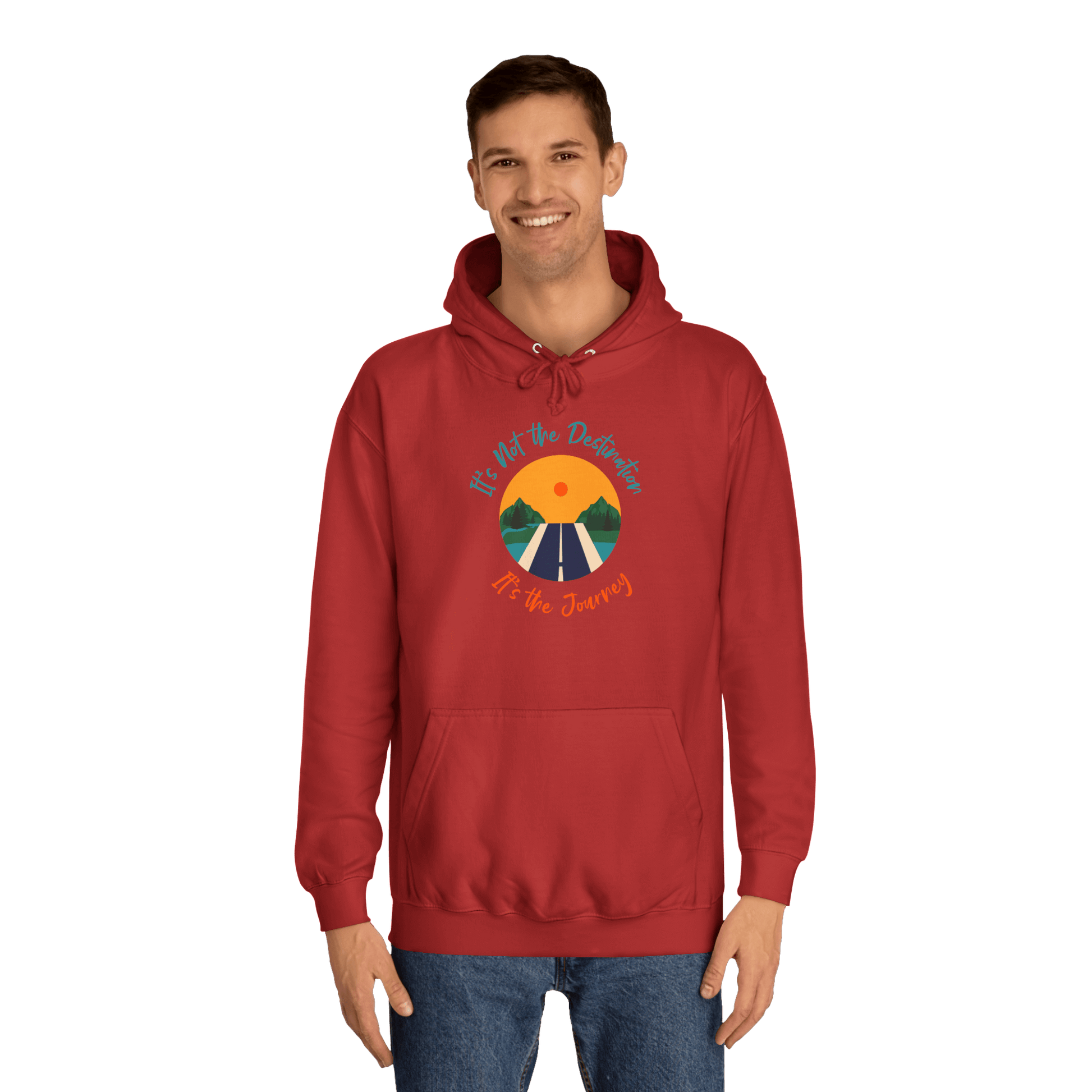 Custom College Hoodie – Add Your Photos, Text & Emojis Your Way worn by a man with a colorful design.