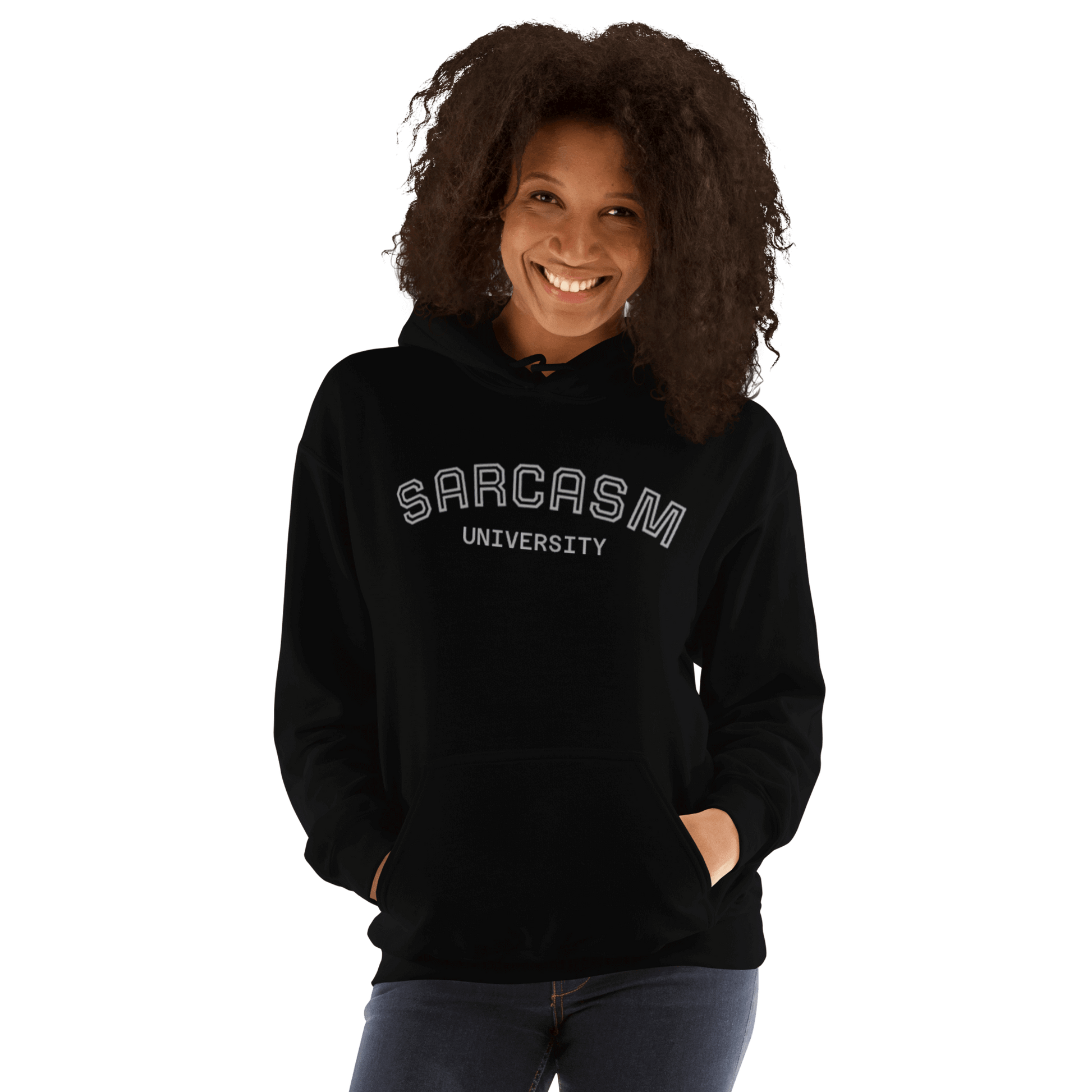 Custom College Hoodie – Your Mantra, Your Mood featuring 'Sarcasm University' design in black.