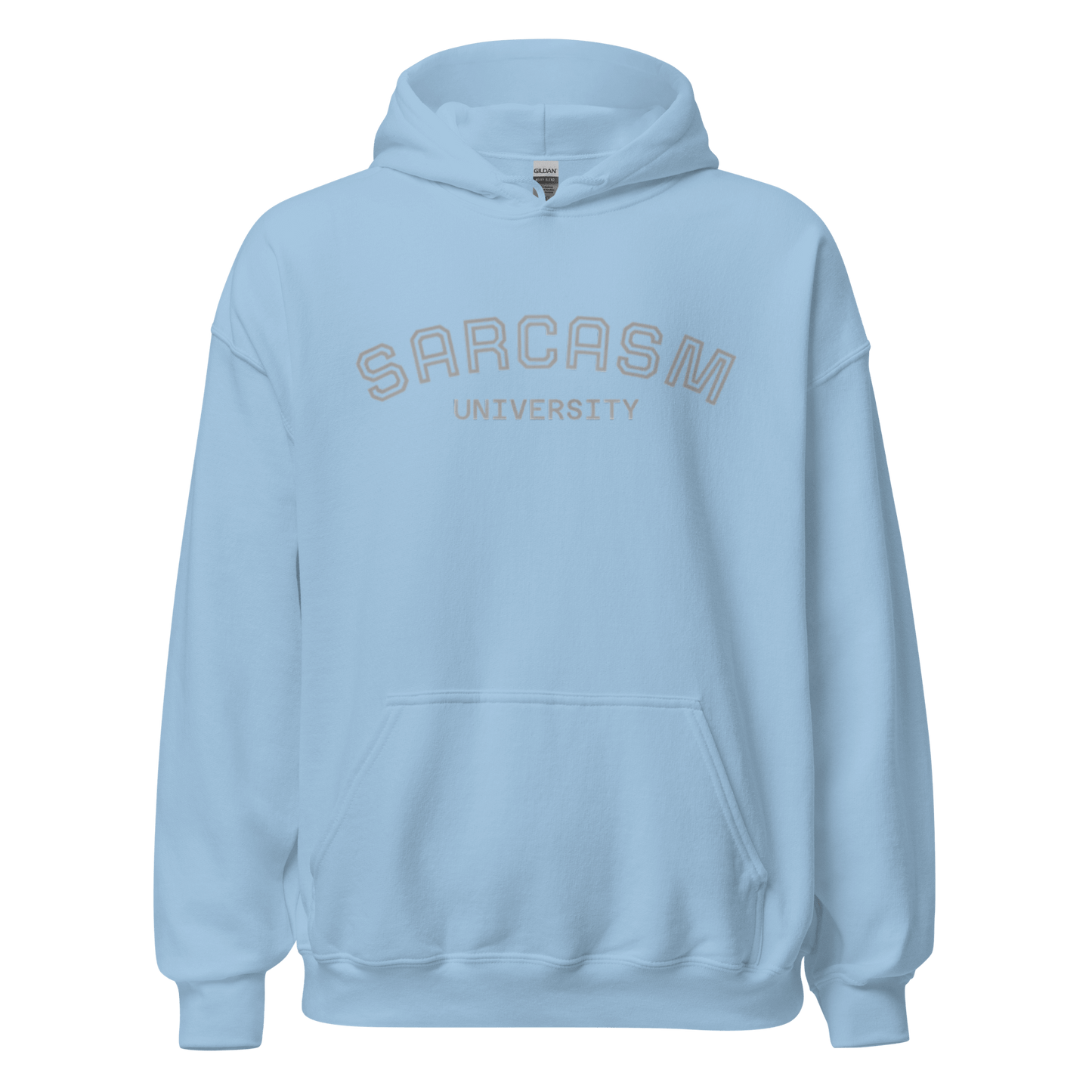 Custom College Hoodie – Your Mantra, Your Mood in light blue featuring 'Sarcasm University' text.