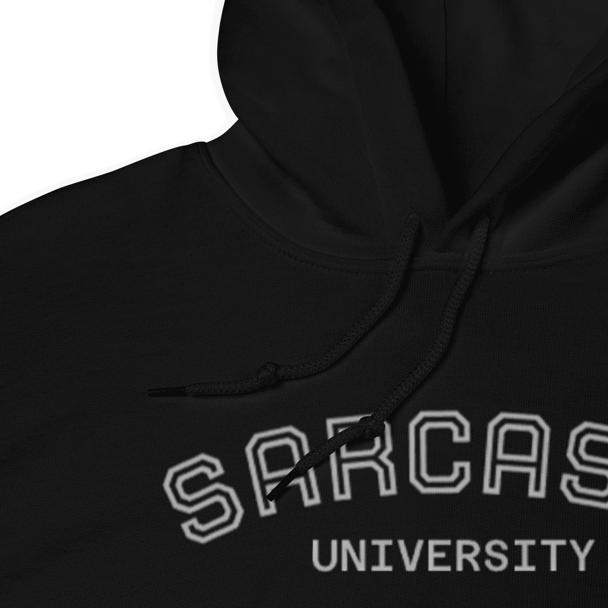 Custom College Hoodie – Your Mantra, Your Mood - Sarcasm University design on black fabric.
