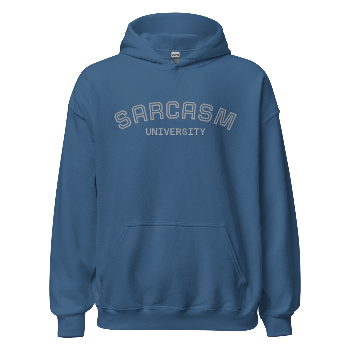 Custom College Hoodie – Your Mantra, Your Mood in blue with 'Sarcasm University' printed.