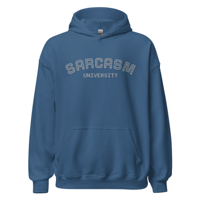 Custom College Hoodie – Your Mantra, Your Mood in blue with 'Sarcasm University' printed.
