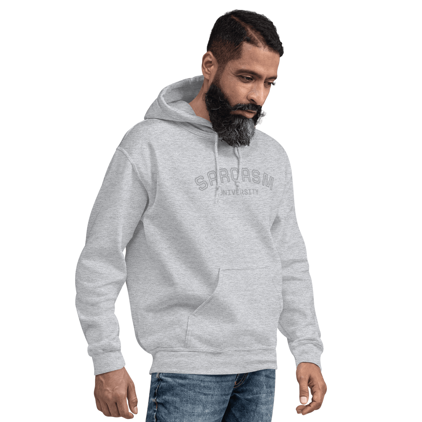 Custom College Hoodie – Your Mantra, Your Mood features a man wearing a grey hoodie with 'Sarcasm University' print.