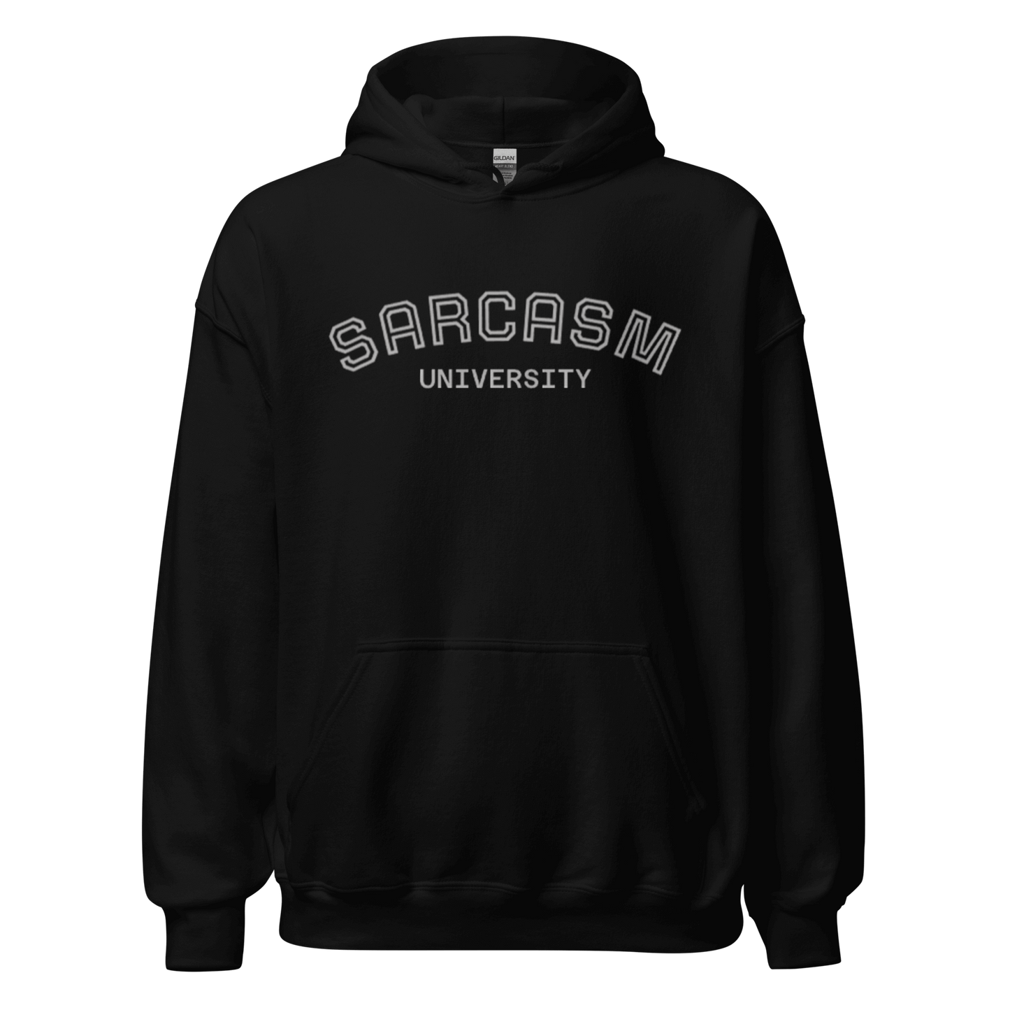 Custom College Hoodie – Your Mantra, Your Mood featuring Sarcasm University design in black.