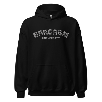 Custom College Hoodie – Your Mantra, Your Mood featuring Sarcasm University design in black.