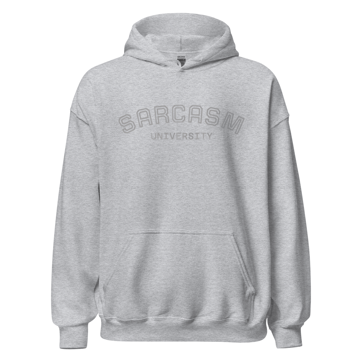 Custom College Hoodie – Your Mantra, Your Mood in grey with Sarcasm University print.