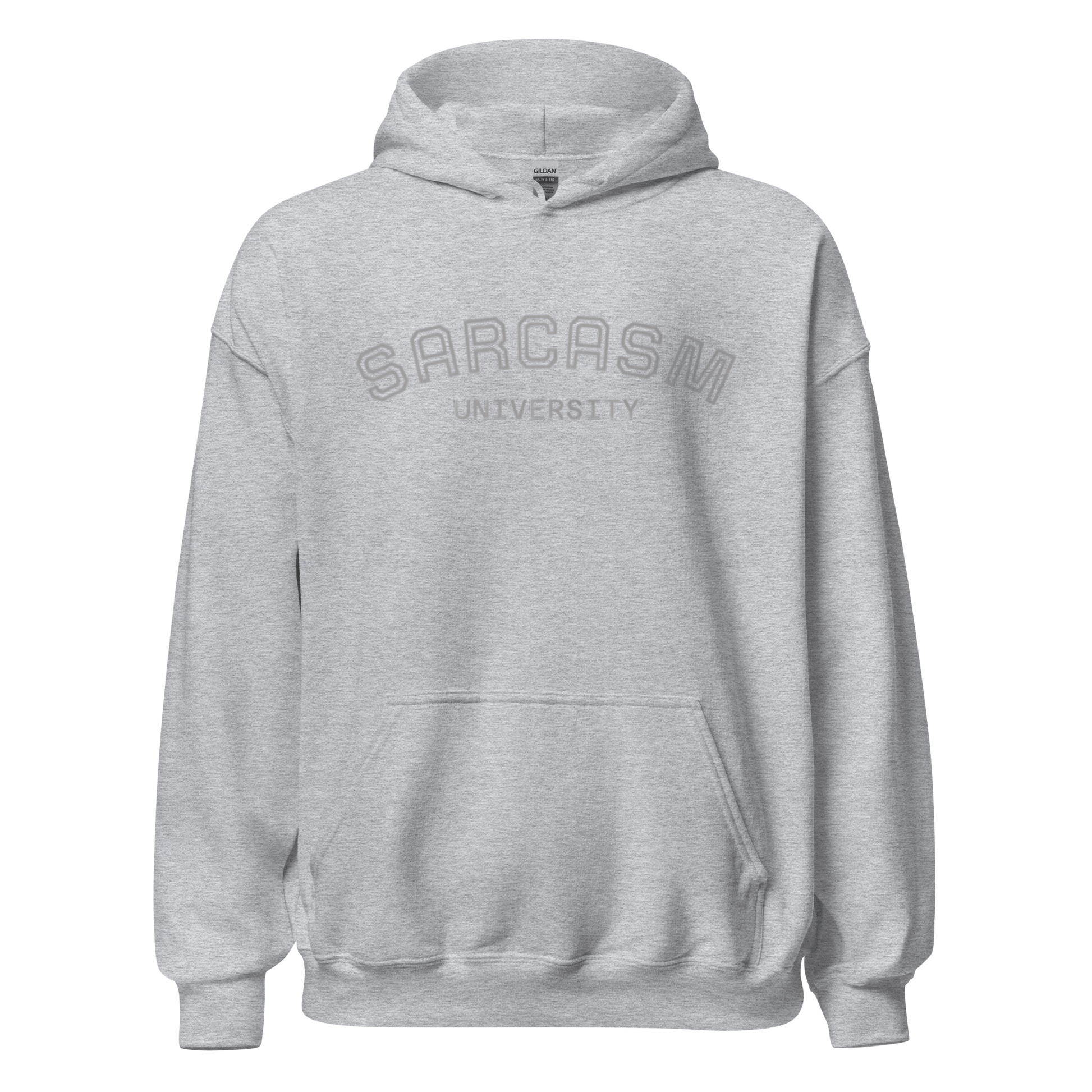Custom College Hoodie – Your Mantra, Your Mood in grey with Sarcasm University print.