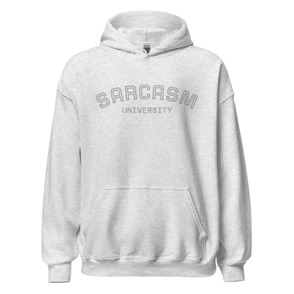 Custom College Hoodie – Your Mantra, Your Mood featuring Sarcasm University in gray.