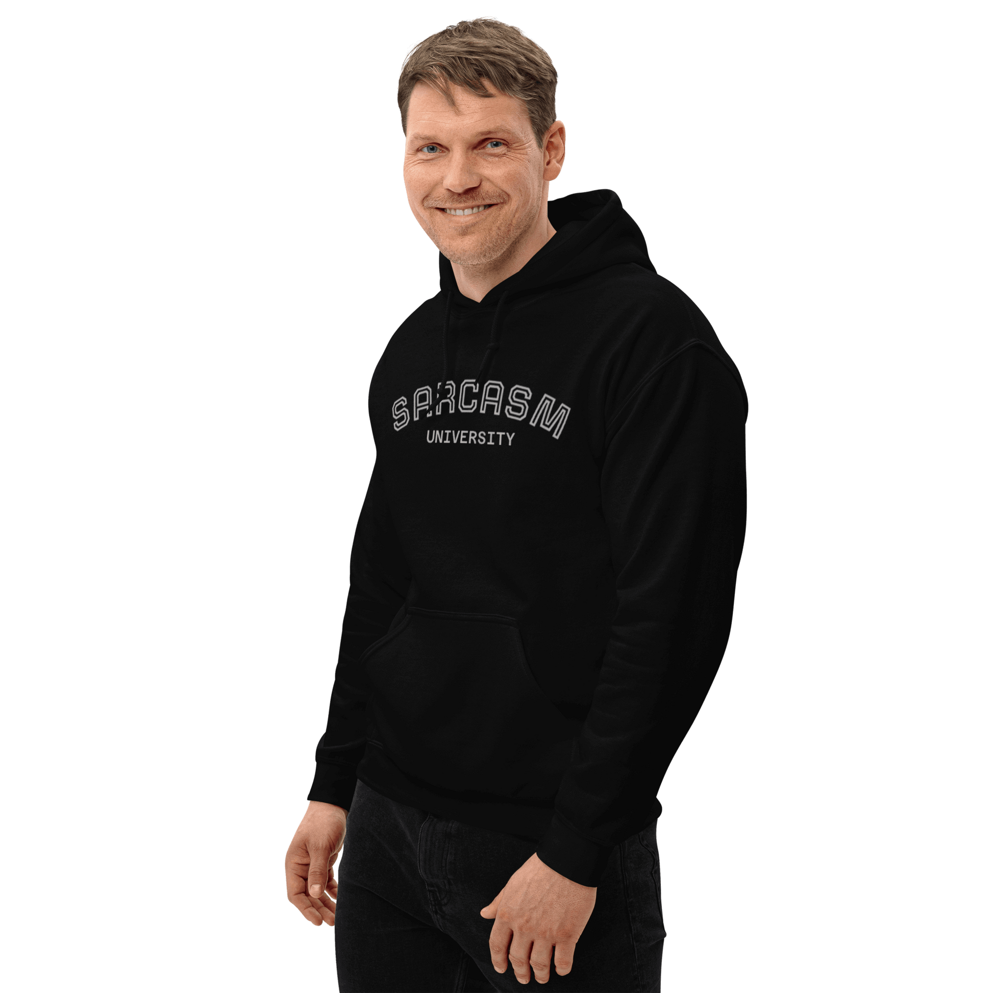 Custom College Hoodie – Your Mantra, Your Mood worn by a man, featuring Sarcasm University design in black.
