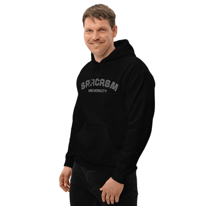 Custom College Hoodie – Your Mantra, Your Mood worn by a man, featuring Sarcasm University design in black.