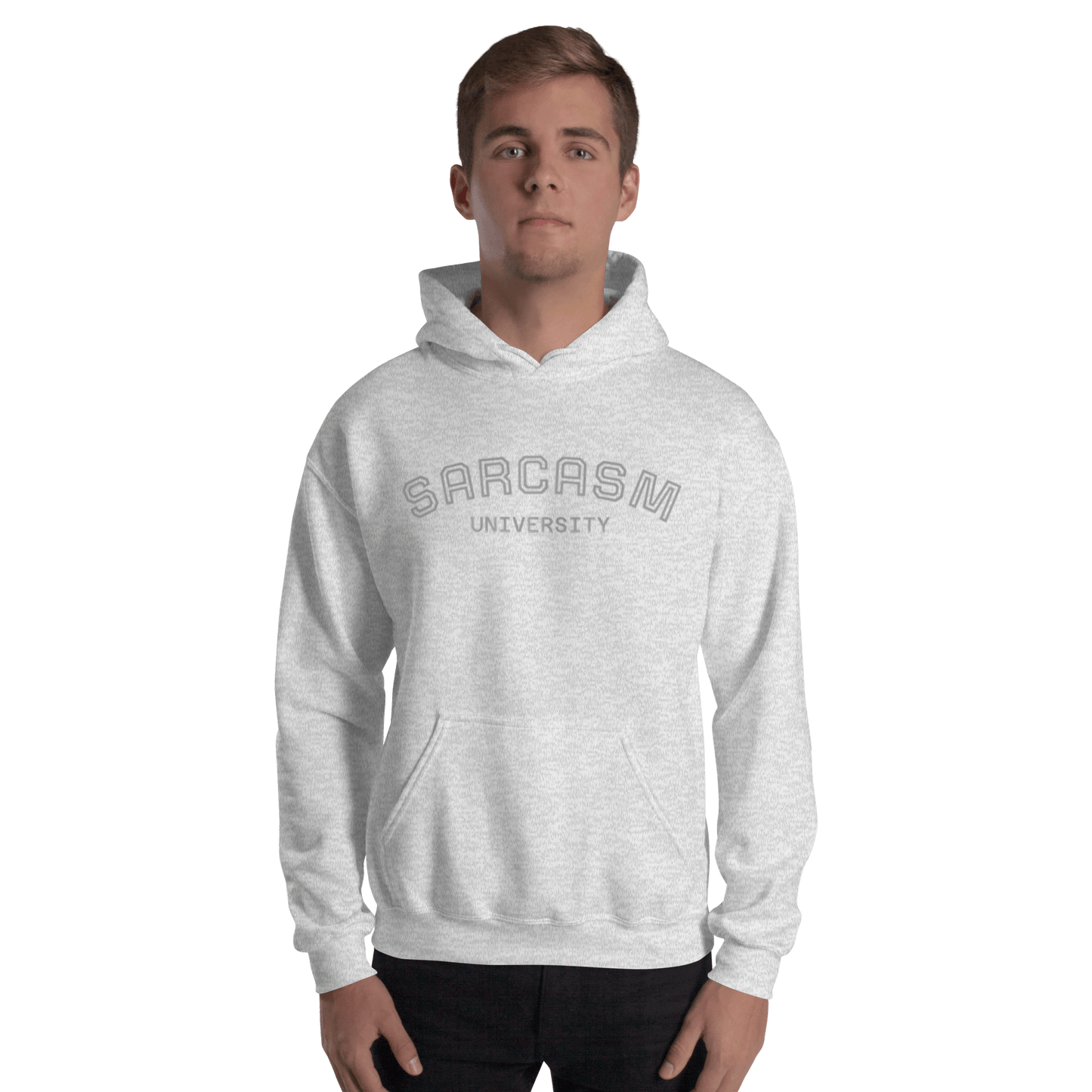Custom College Hoodie – Your Mantra, Your Mood, featuring Sarcasm University design in gray.