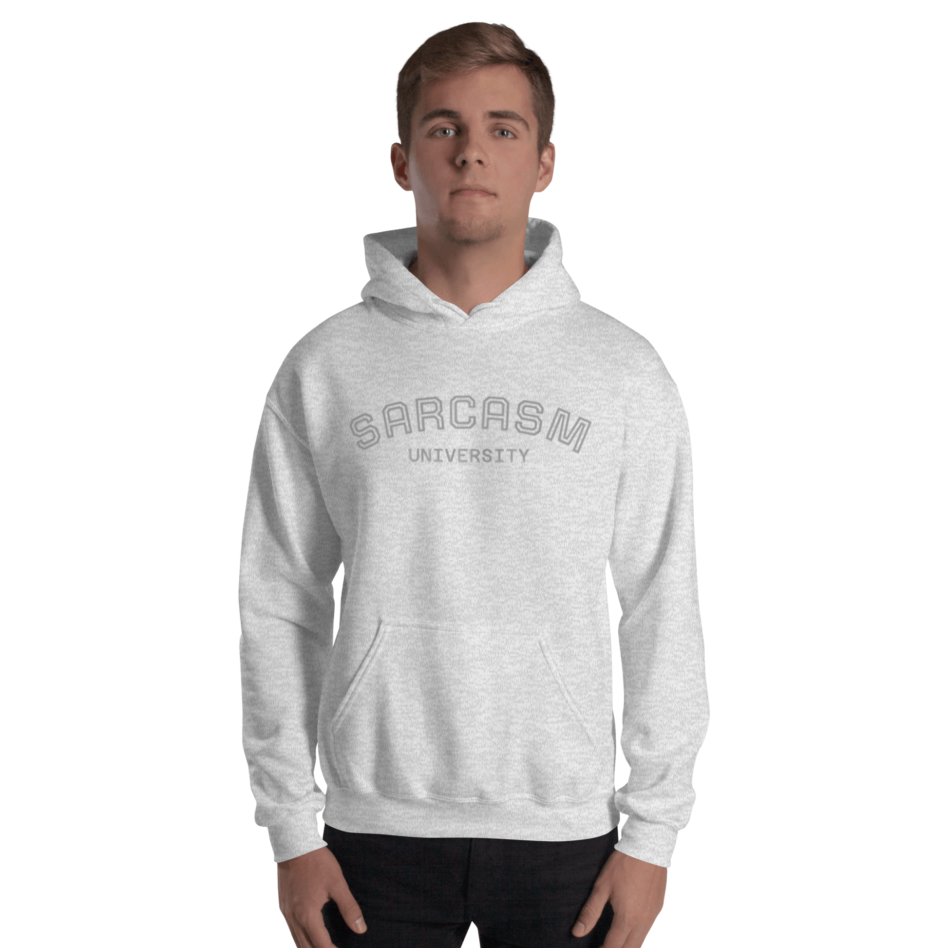 Custom College Hoodie – Your Mantra, Your Mood, featuring Sarcasm University design in gray.