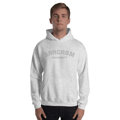 Custom College Hoodie – Your Mantra, Your Mood, featuring Sarcasm University design in gray.