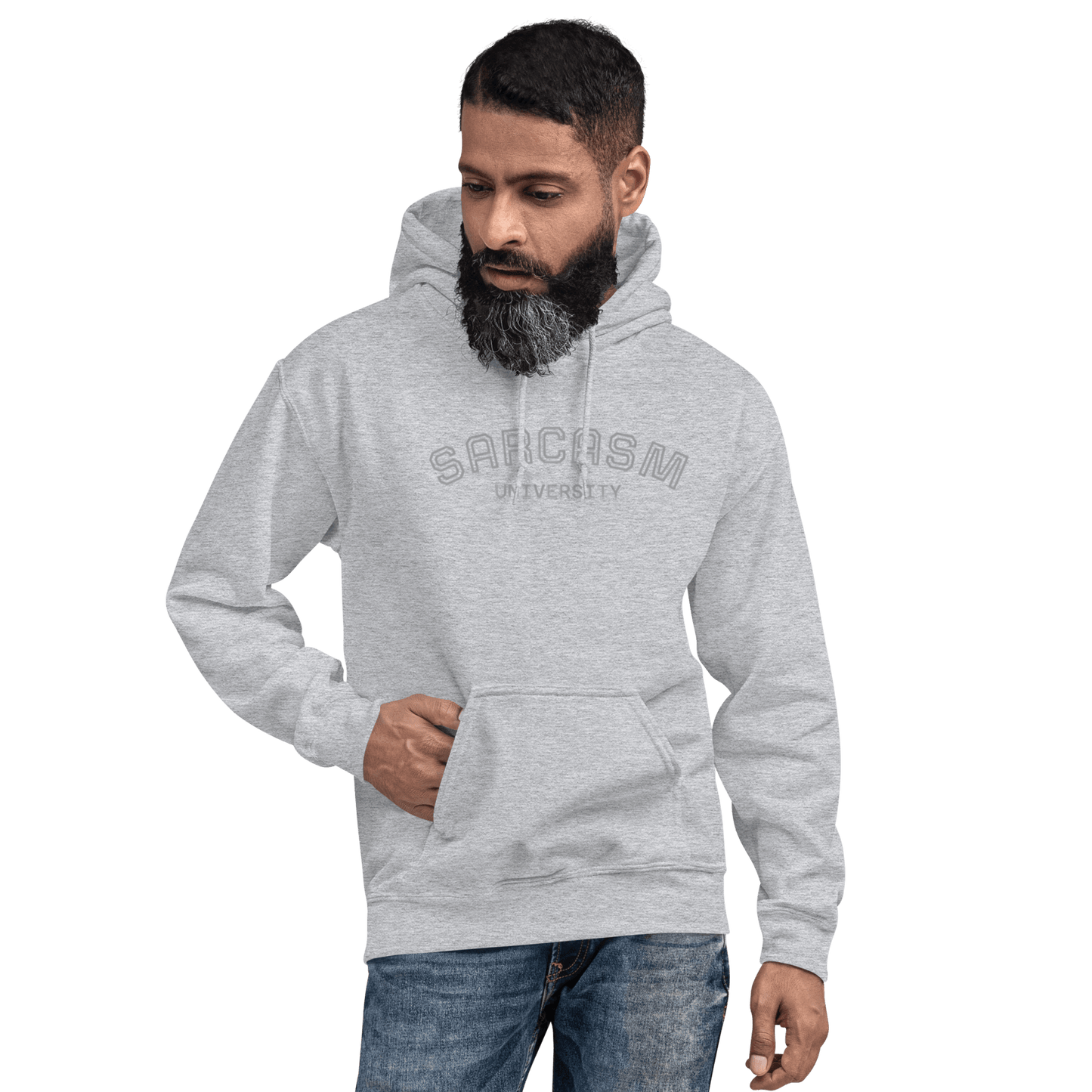 Custom College Hoodie – Your Mantra, Your Mood, showcasing a man wearing a sarcasm-themed gray hoodie.
