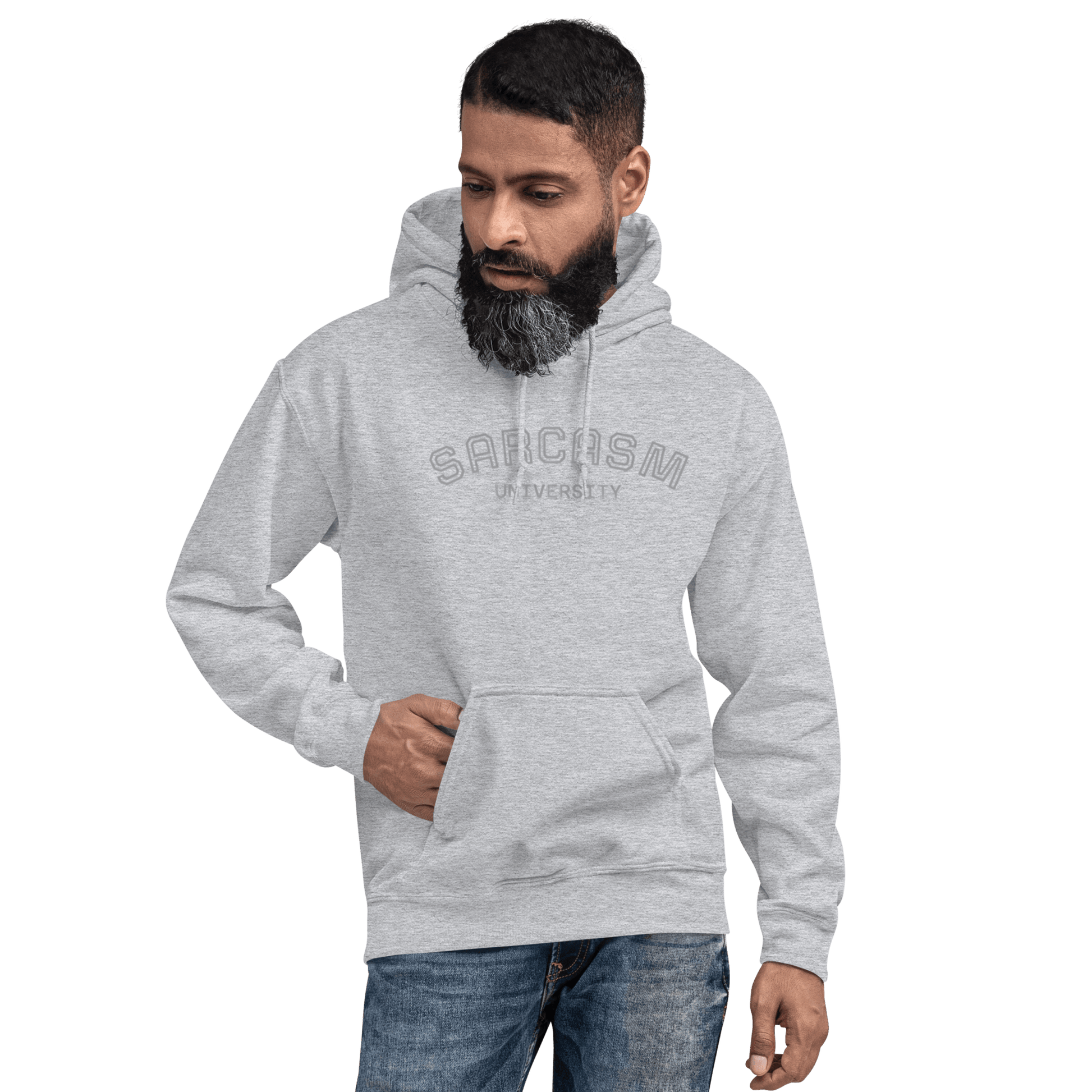 Custom College Hoodie – Your Mantra, Your Mood, showcasing a man wearing a sarcasm-themed gray hoodie.