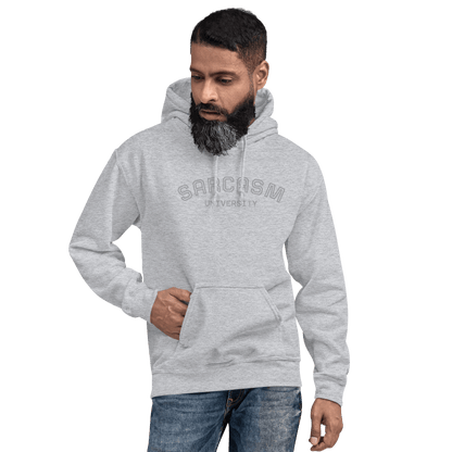 Custom College Hoodie – Your Mantra, Your Mood, showcasing a man wearing a sarcasm-themed gray hoodie.