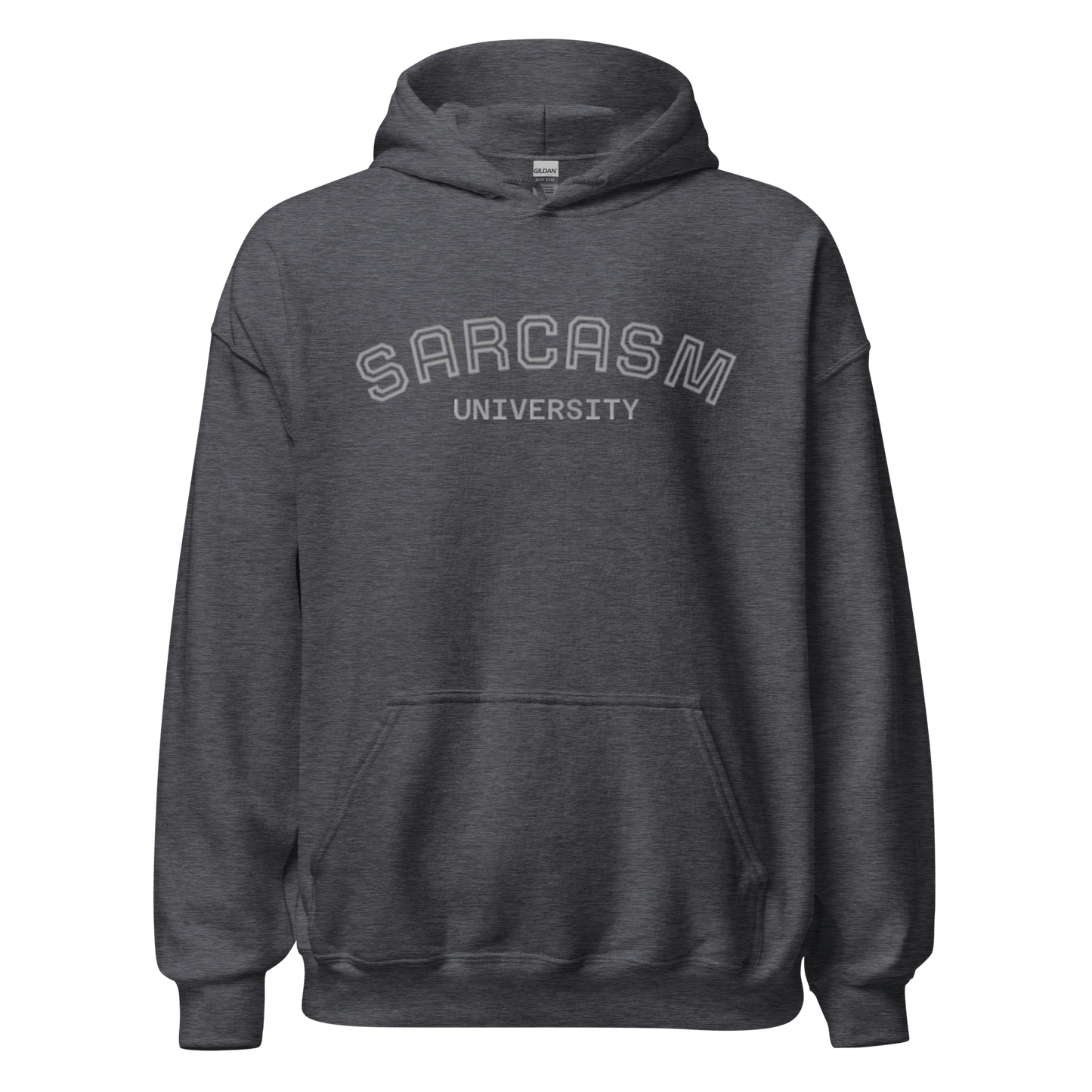 Custom College Hoodie – Your Mantra, Your Mood in dark gray with 'Sarcasm University' print.