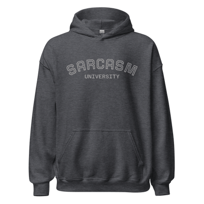 Custom College Hoodie – Your Mantra, Your Mood in dark gray with 'Sarcasm University' print.