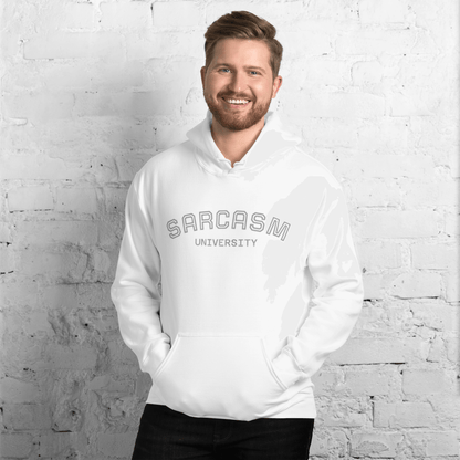 Custom College Hoodie – Your Mantra, Your Mood featuring Sarcasm University design in white.