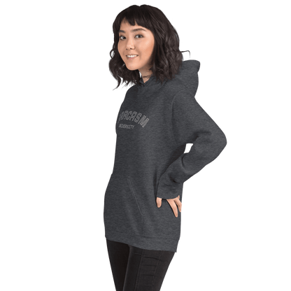 Custom College Hoodie – Your Mantra, Your Mood in dark gray worn by a smiling woman.