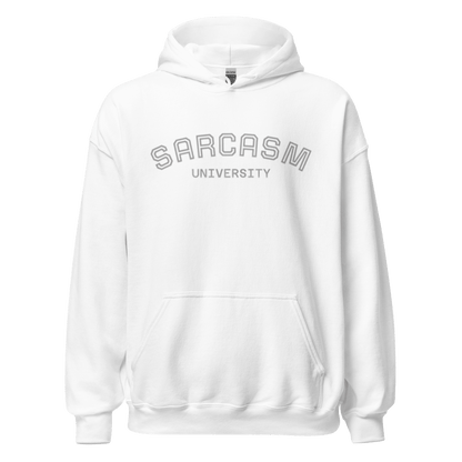 Custom College Hoodie – Your Mantra, Your Mood featuring Sarcasm University design in white.
