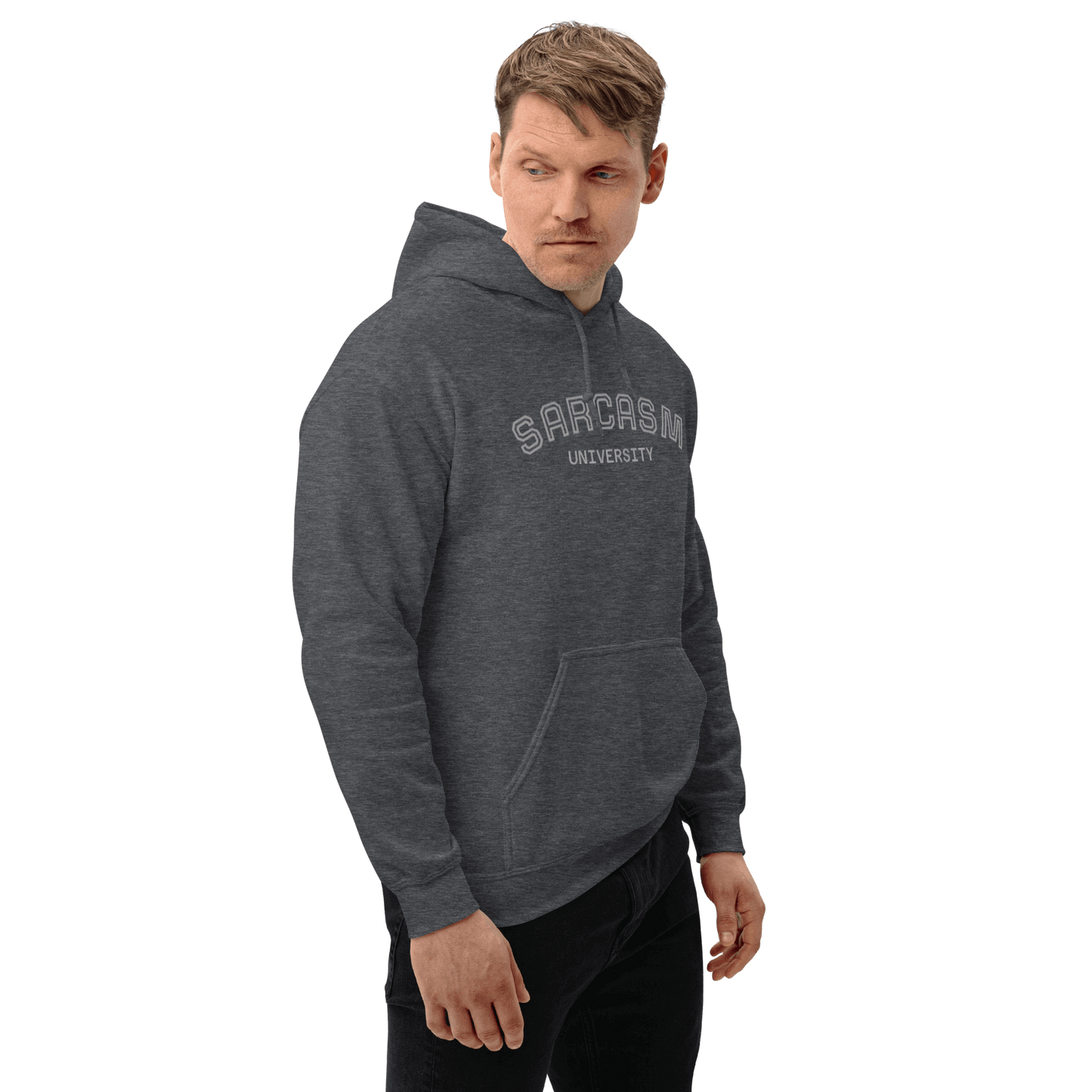 Custom College Hoodie – Your Mantra, Your Mood in dark grey with Sarcasm University design.