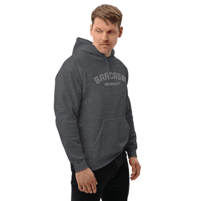 Custom College Hoodie – Your Mantra, Your Mood in dark grey with Sarcasm University design.