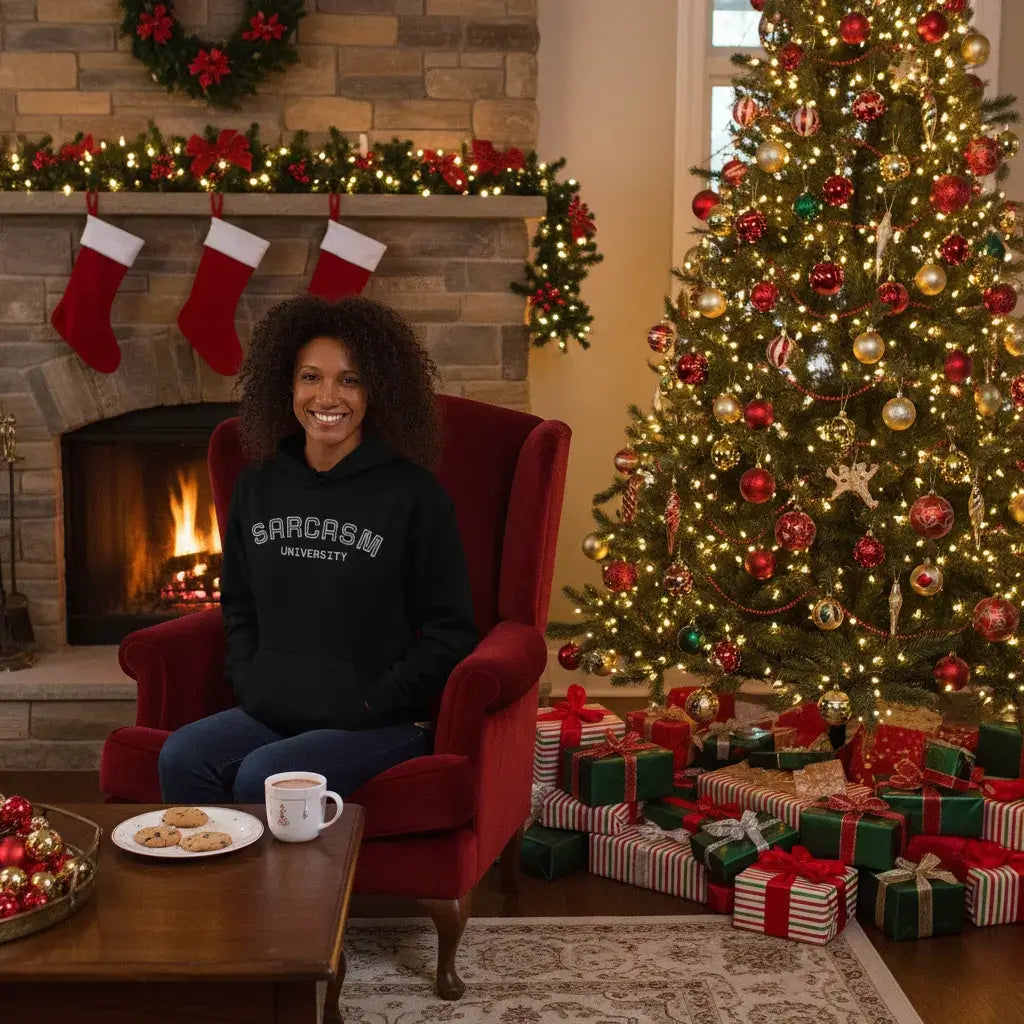 Custom College Hoodie – Your Mantra, Your Mood worn by a smiling woman in a cozy holiday setting.