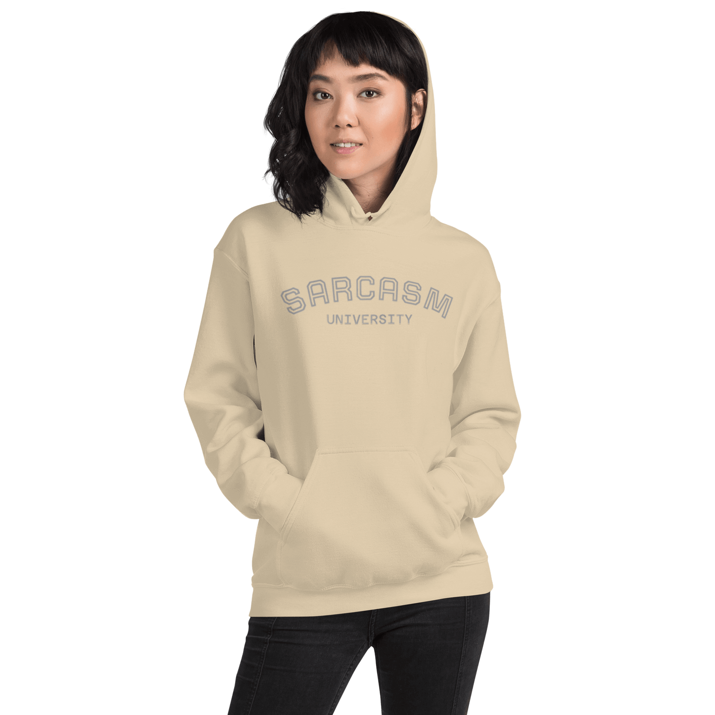 Custom College Hoodie – Your Mantra, Your Mood in beige with 'Sarcasm University' print.