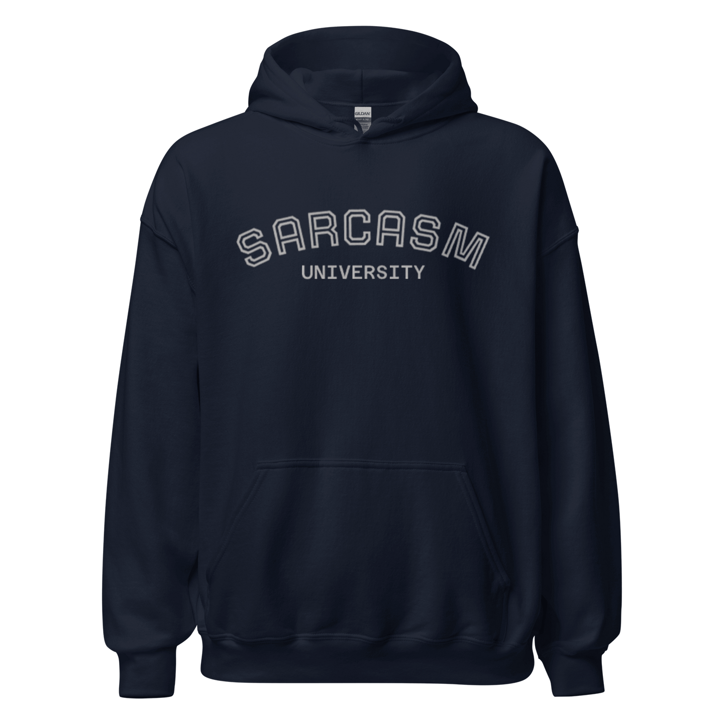 Custom College Hoodie – Your Mantra, Your Mood in navy with 'Sarcasm University' print.