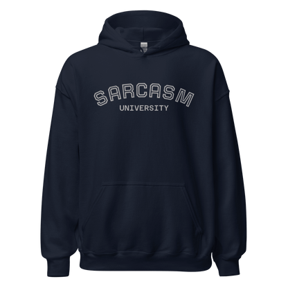 Custom College Hoodie – Your Mantra, Your Mood in navy with 'Sarcasm University' print.