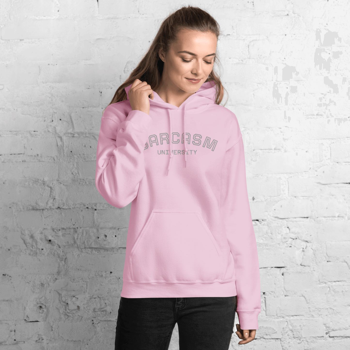 Custom College Hoodie – Your Mantra, Your Mood in pink with 'Sarcasm University' printed on it.