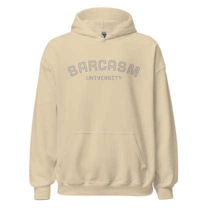 Custom College Hoodie – Your Mantra, Your Mood in cream color featuring 'Sarcasm University' design.