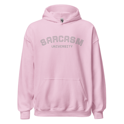 Custom College Hoodie – Your Mantra, Your Mood in pink with 'SARCASTIC UNIVERSITY' print.