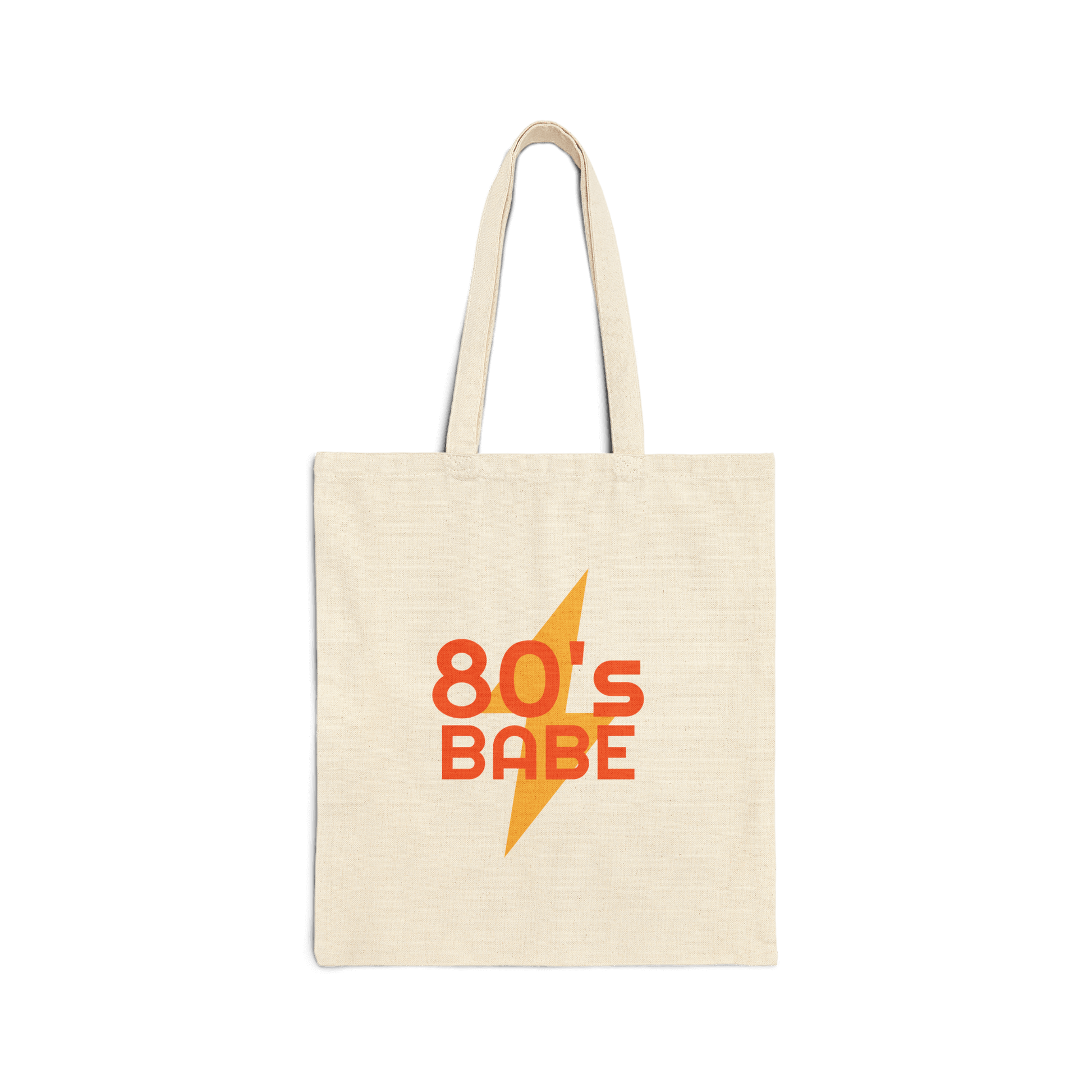 Custom Double-Sided Cotton Canvas Tote – Upload Two Designs featuring '80's Babe' design on a cream tote bag.