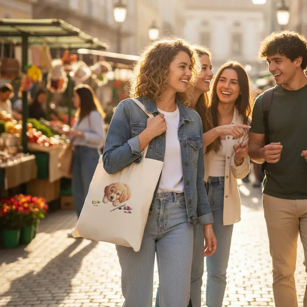 Custom Cotton Canvas Tote Bag – Upload Your Own Design carried by friends at a lively market.