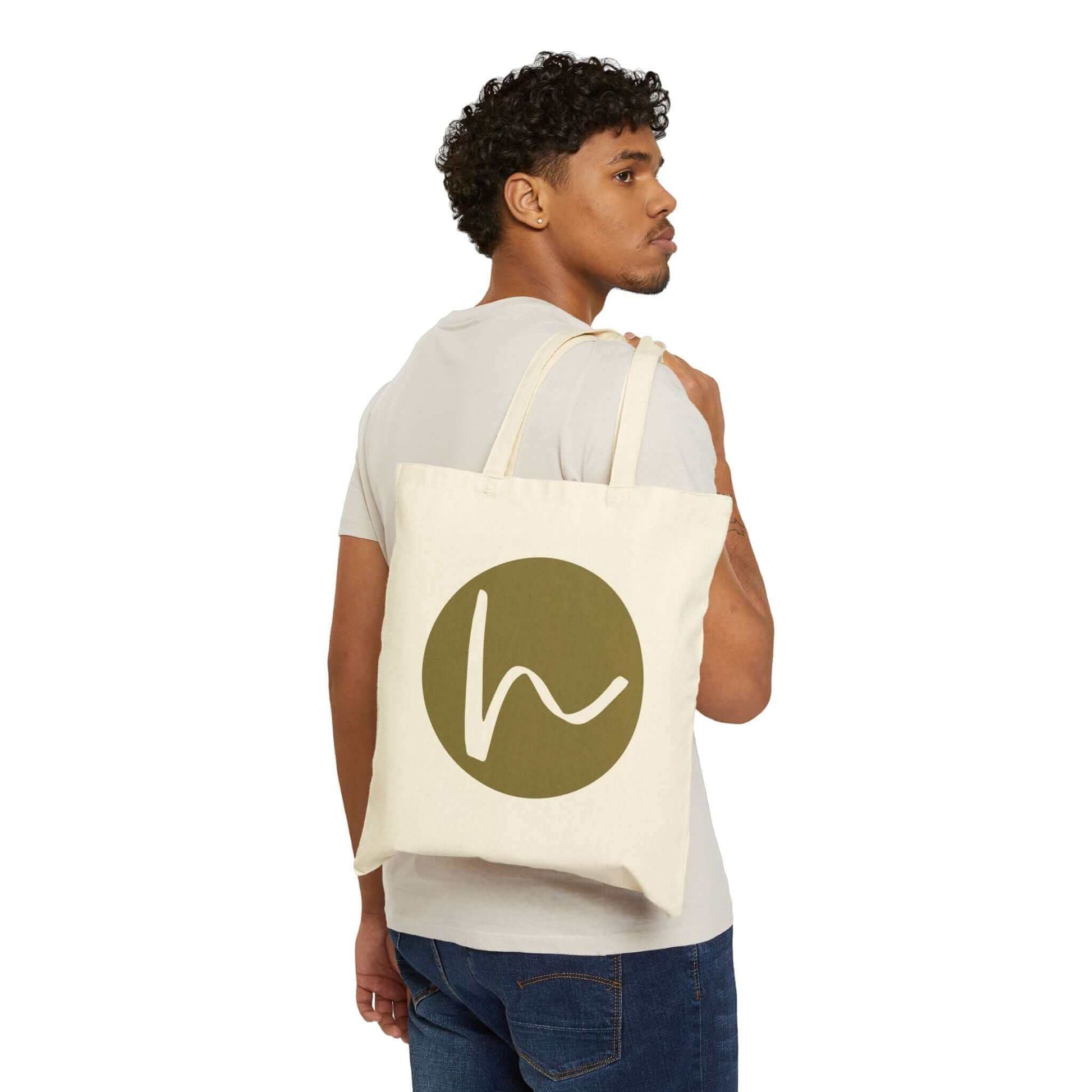 Custom Cotton Canvas Tote Bag – Upload Your Own Design on a model's shoulder showcasing personalized style