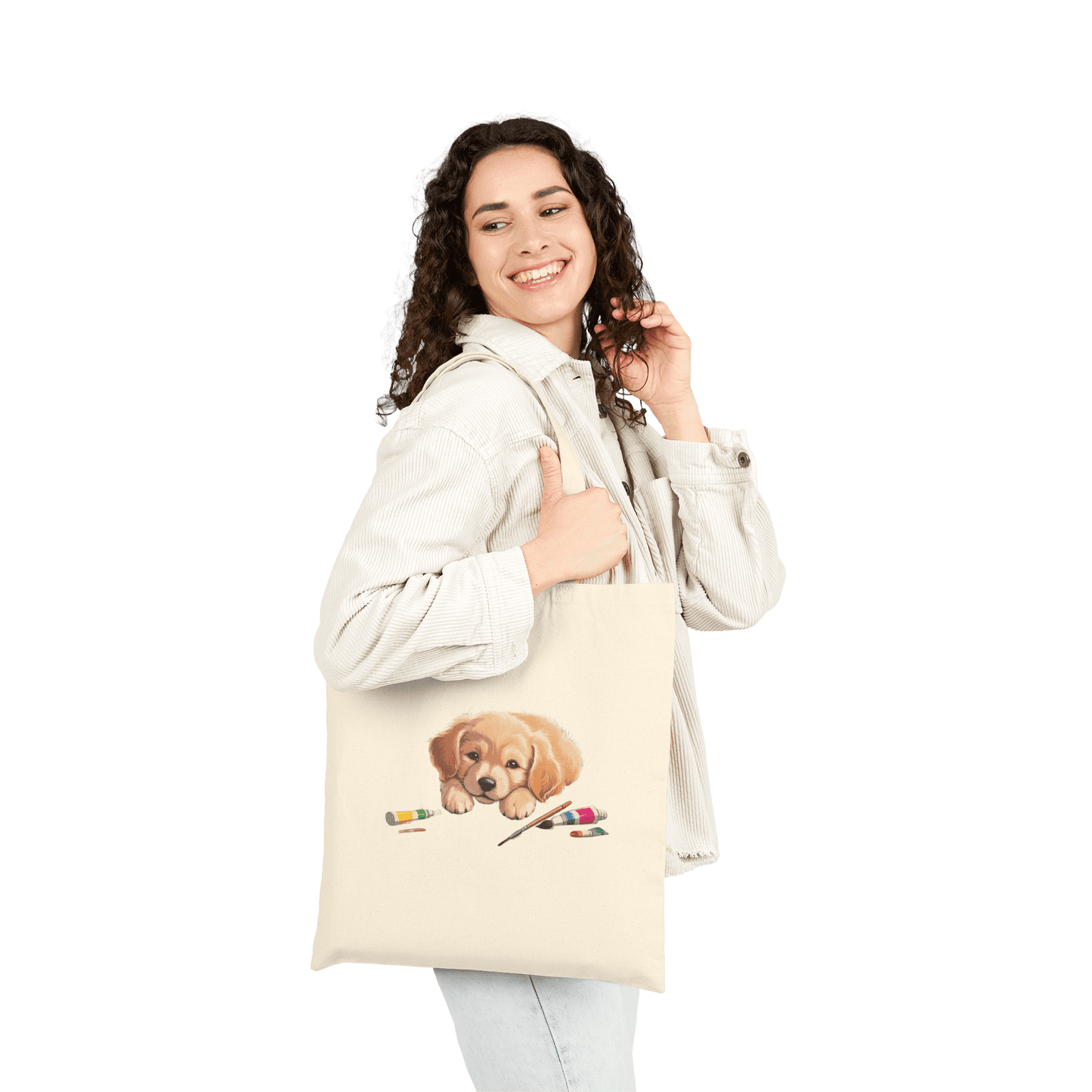Custom Cotton Canvas Tote Bag – Upload Your Own Design featuring a cute puppy and paint supplies.