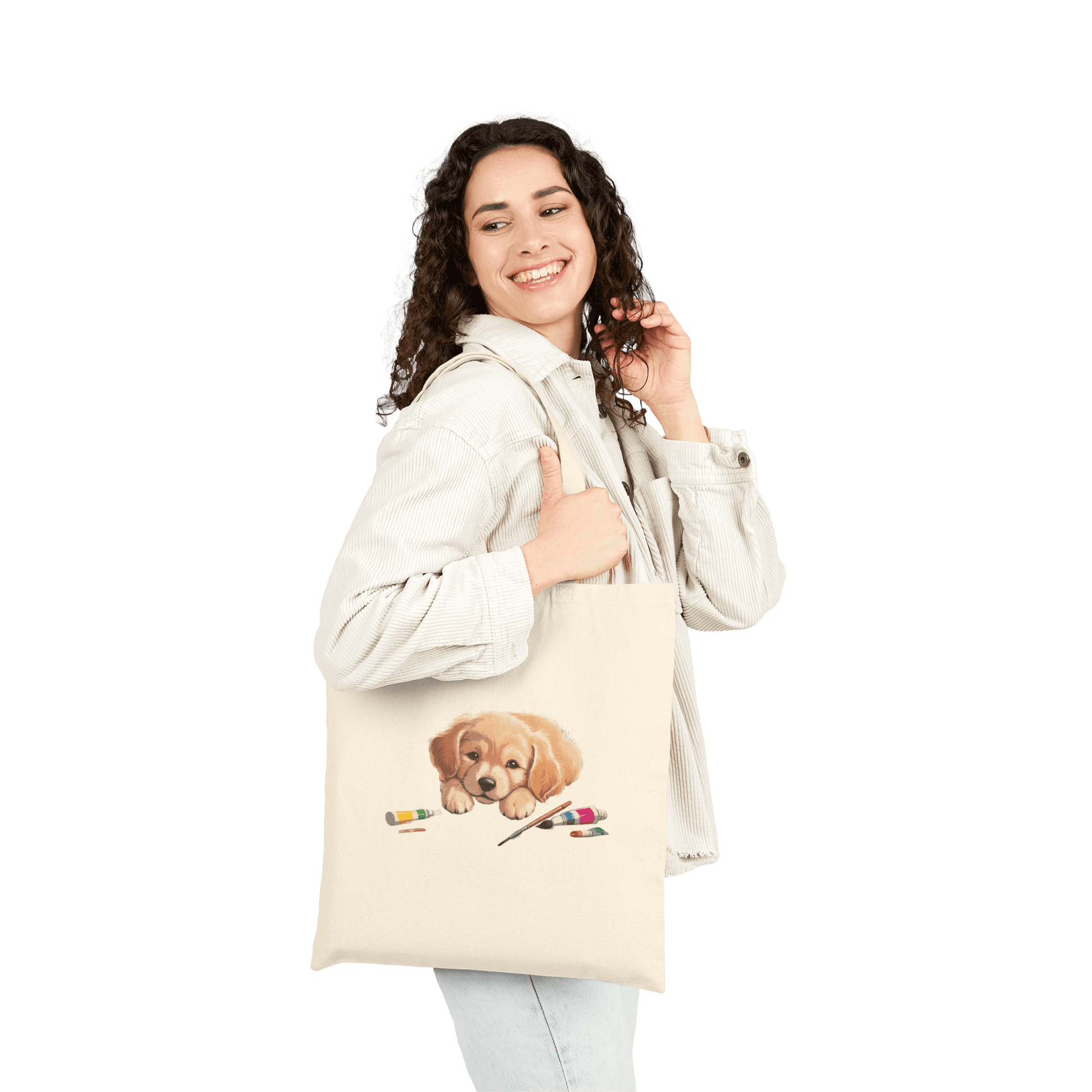 Custom Cotton Canvas Tote Bag – Upload Your Own Design featuring a cute puppy and paint supplies.
