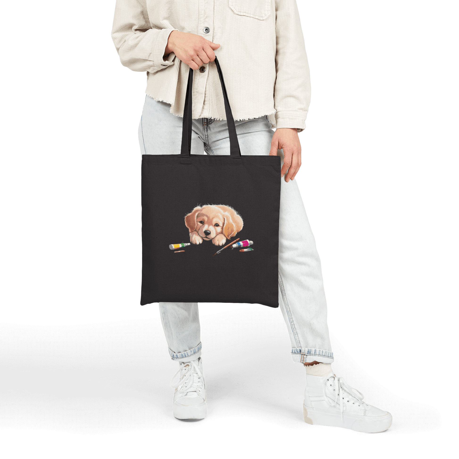 Custom Cotton Canvas Tote Bag – Upload Your Own Design with puppy illustration in hand.