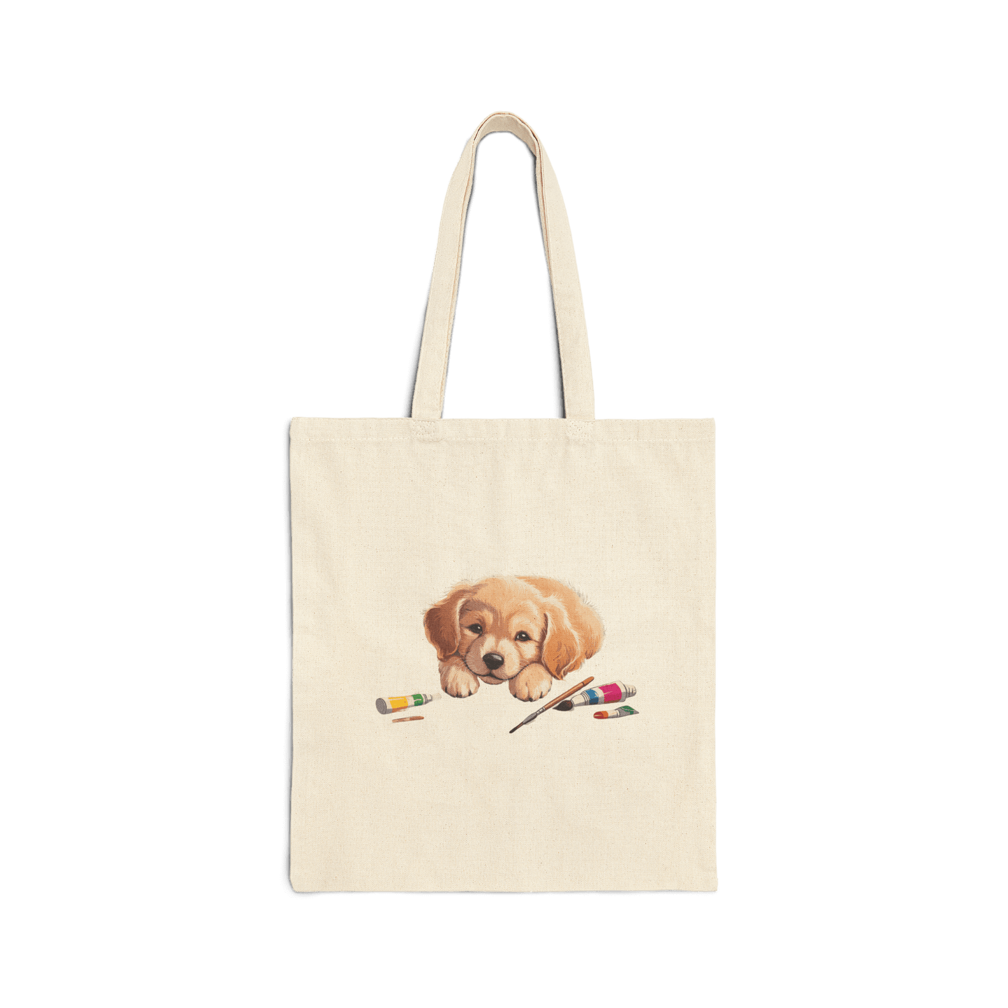 Custom Cotton Canvas Tote Bag – Upload Your Own Design featuring a cute puppy painting with art supplies.