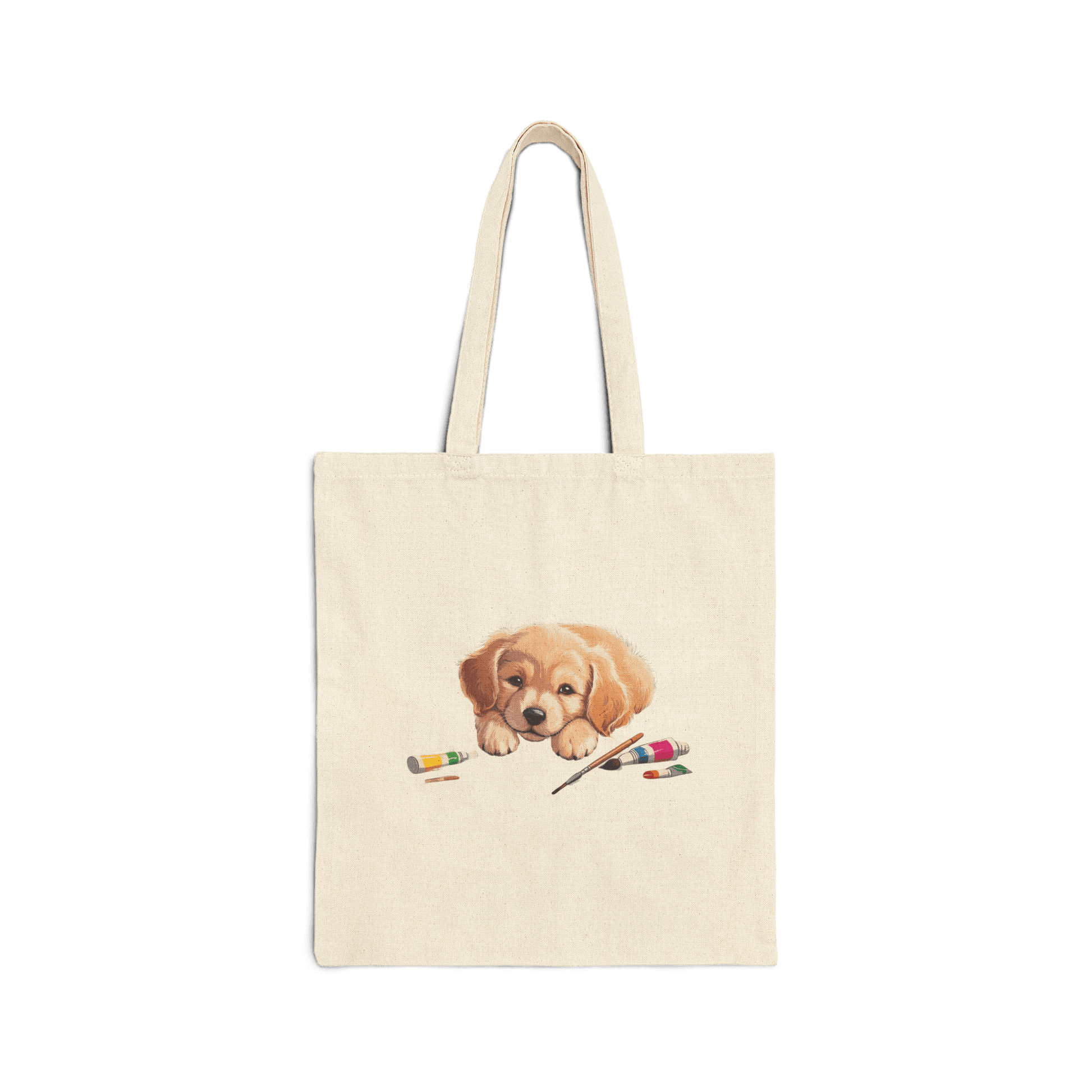 Custom Cotton Canvas Tote Bag – Upload Your Own Design featuring a cute puppy painting with art supplies.