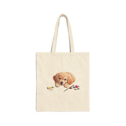 Custom Cotton Canvas Tote Bag – Upload Your Own Design featuring a cute puppy painting with art supplies.